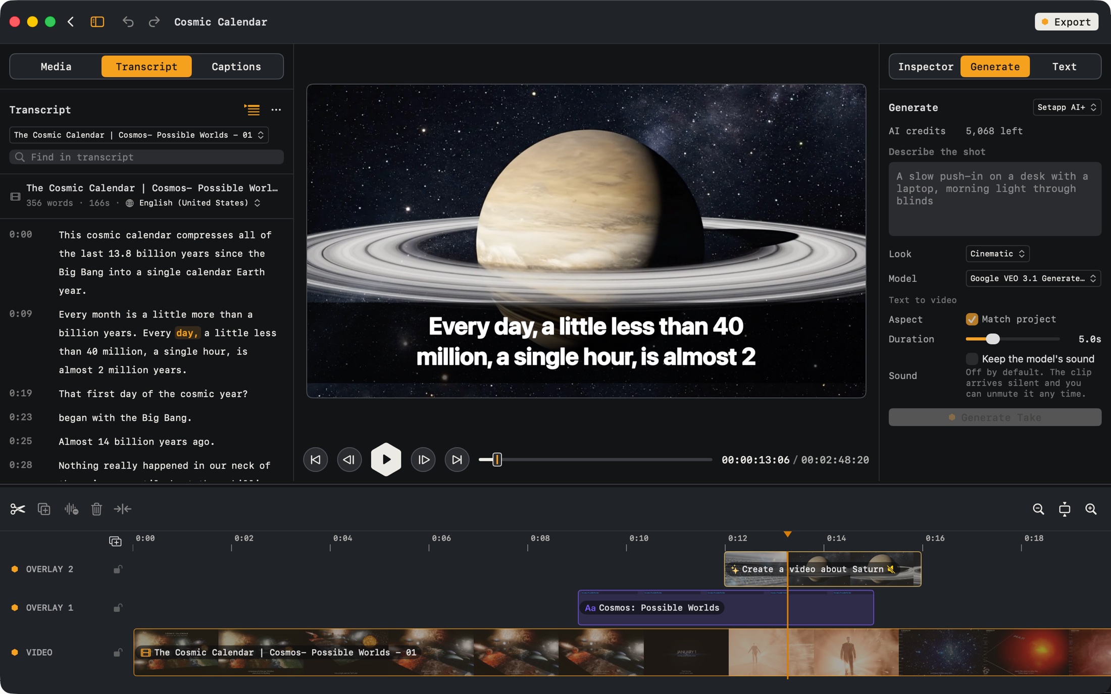 BeeRoll's editor: the transcript, a generated shot of Saturn with a caption on the picture, the Generate panel and the timeline