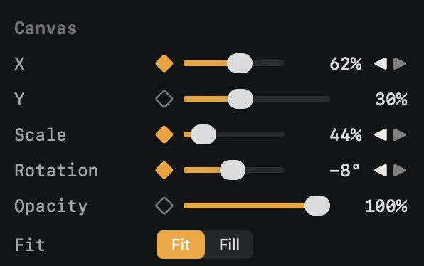 The Inspector’s Canvas rows, with keyframes set on X, Scale and Rotation