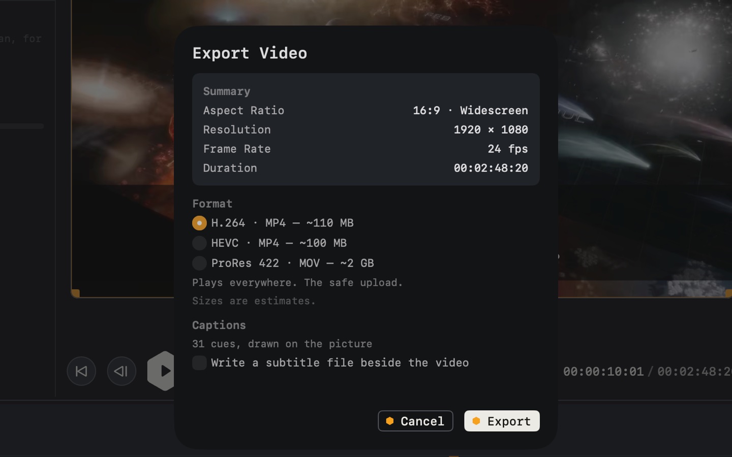 The Export Video sheet with formats and size estimates