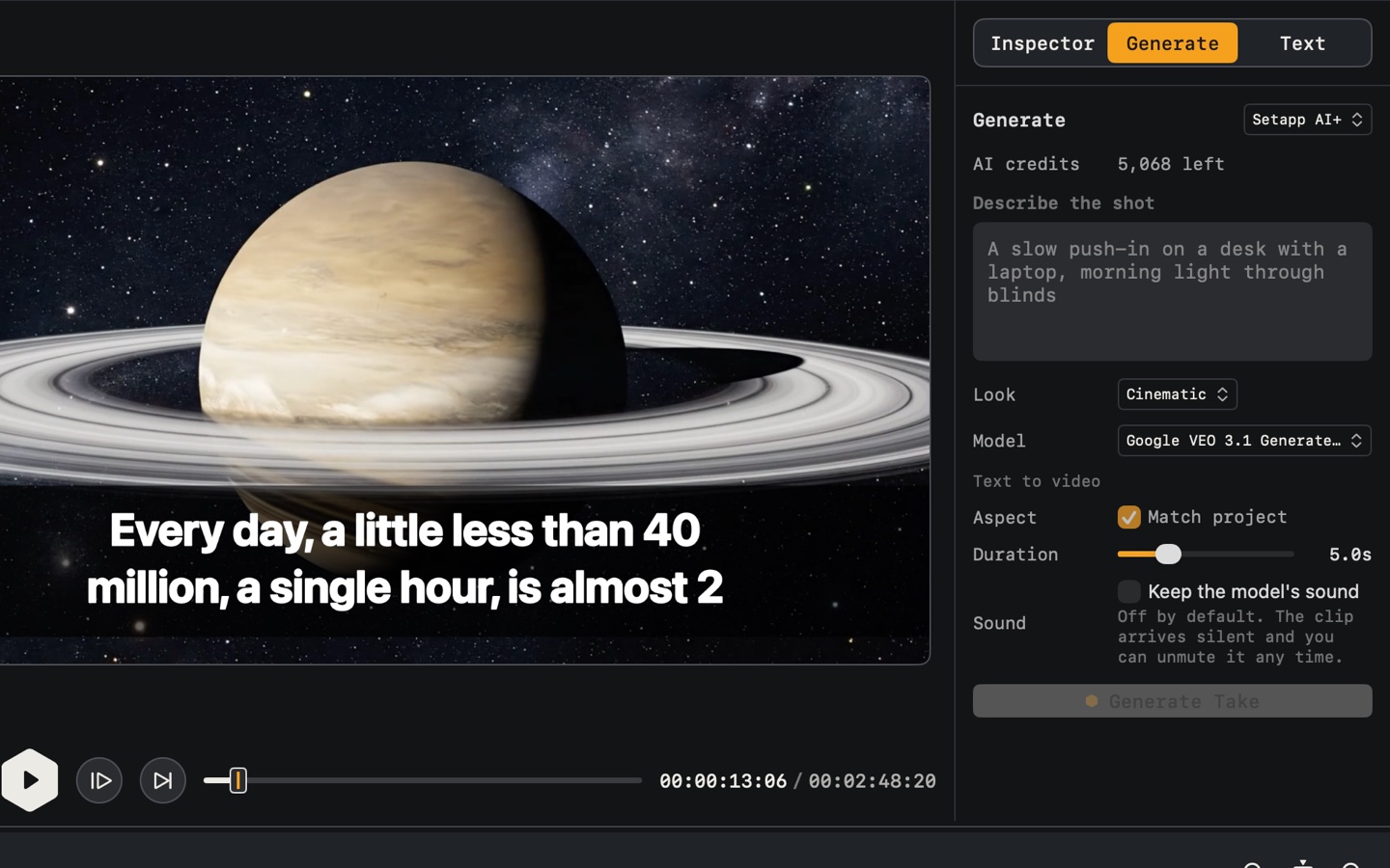 A generated shot of Saturn in the preview, next to the Generate panel