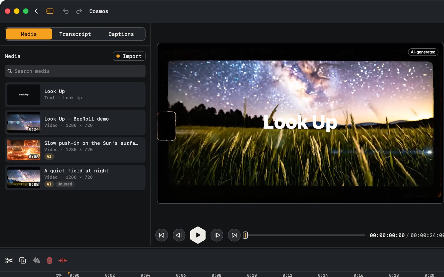 The Media tab: an imported video, two AI-generated clips and two titles