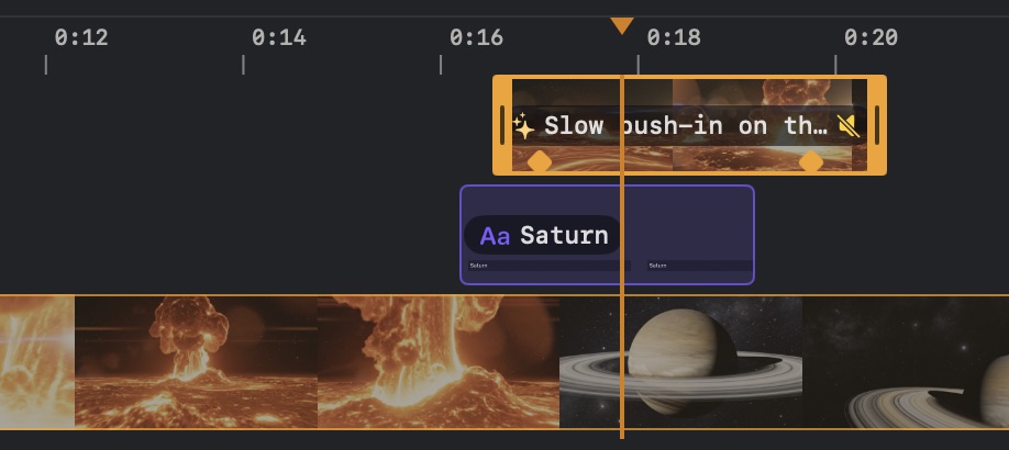 The timeline: a generated Sun shot on Overlay 2, the lower third Saturn on Titles 1, and the video below