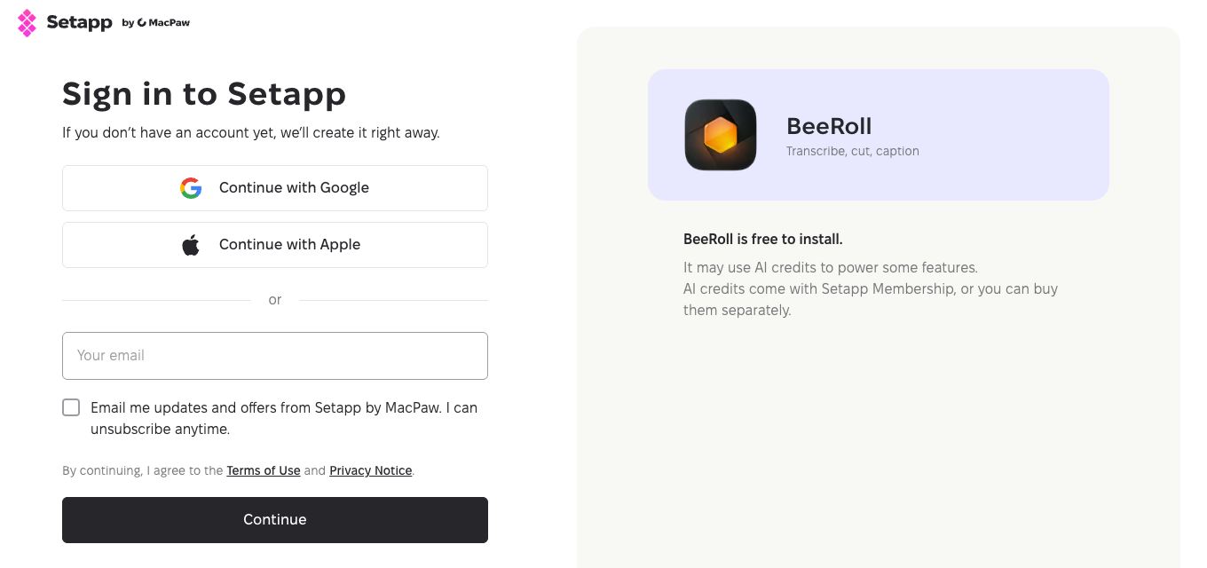 Setapp sign-in page for BeeRoll: continue with Google, Apple, or email